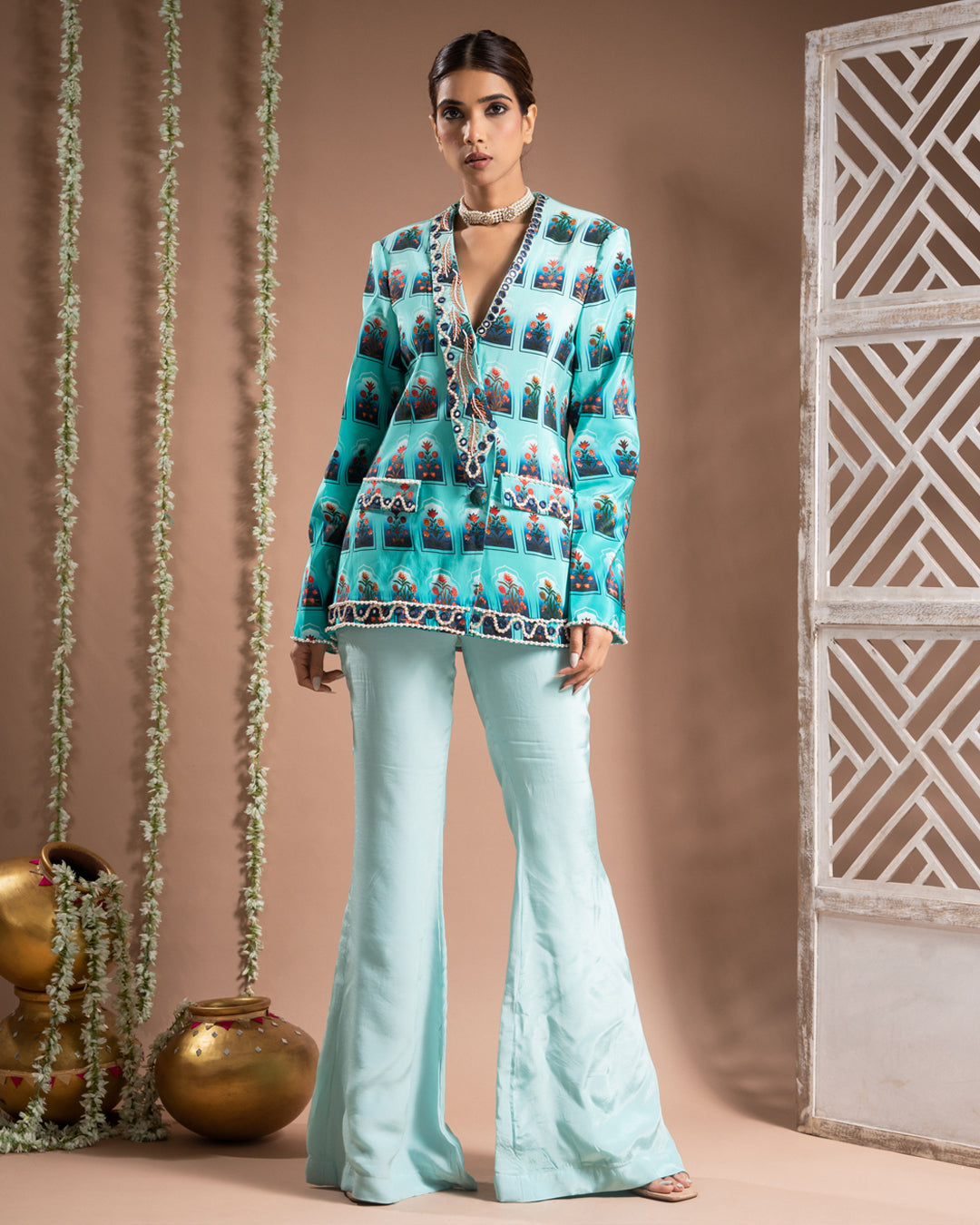 Blue Ombre Printed Coat Pant Set (Set of 2)