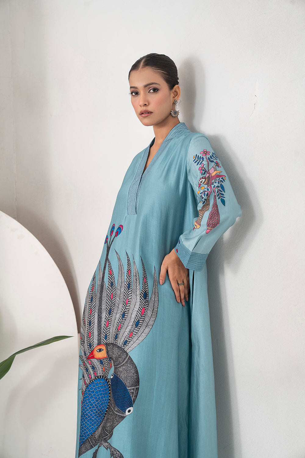 Sky Blue Silk Chanderi Striking Peacock Illustration Printed Tunic Set (2 PCS)