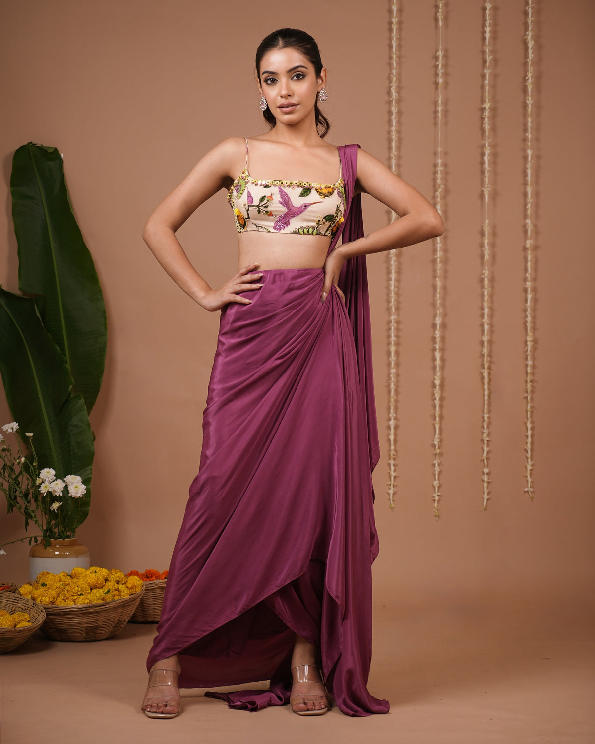 Cream Lemon Print Indo Pre Drape Saree Set (Set of 2)