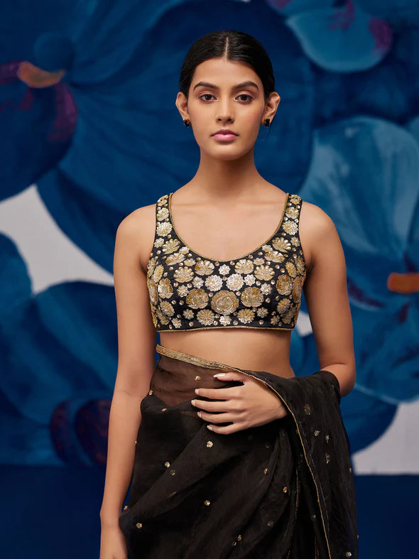 Nightflower Black Silk Organza Saree Set