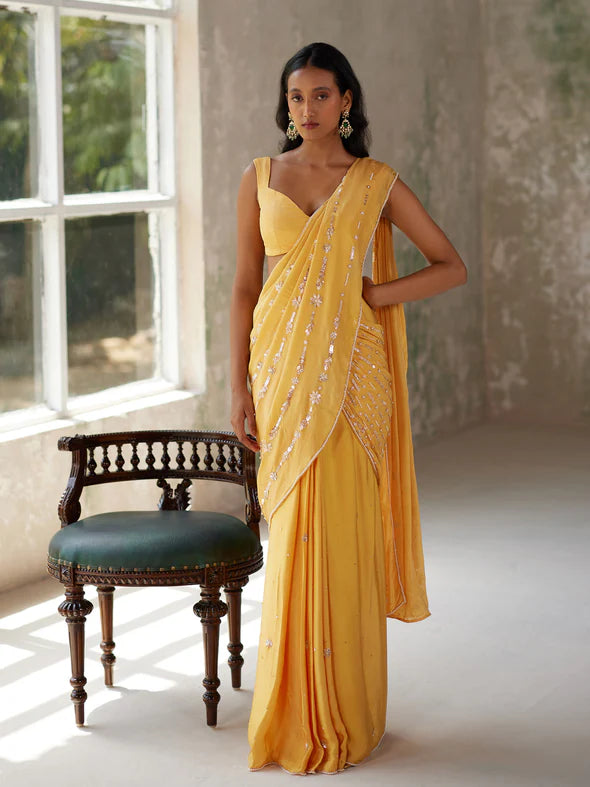 SUNFLOWER YELLOW DRAPED SAREE SET