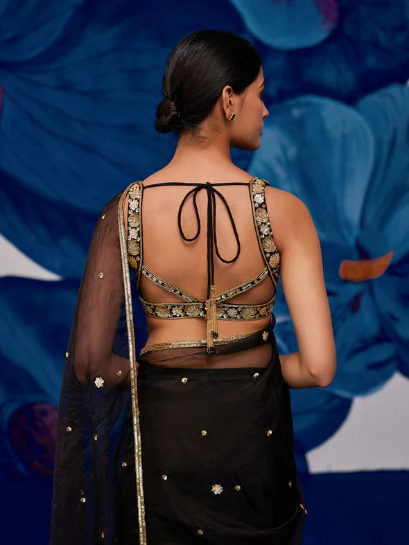 Nightflower Black Silk Organza Saree Set