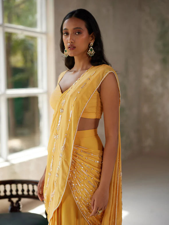 SUNFLOWER YELLOW DRAPED SAREE SET