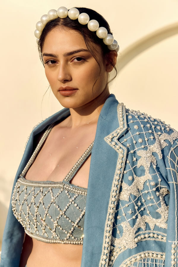 PEARL DENIM BLAZER WITH DENIM TUBE TOP AND DENIM CARGO