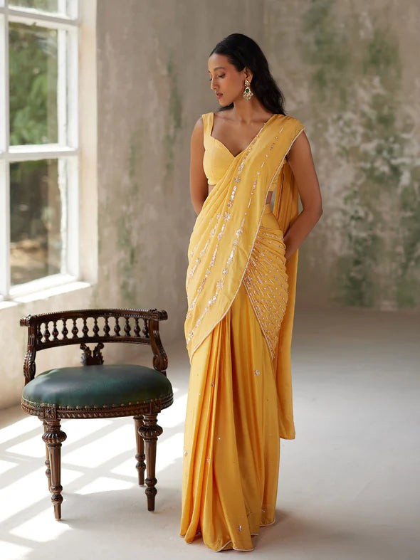 SUNFLOWER YELLOW DRAPED SAREE SET