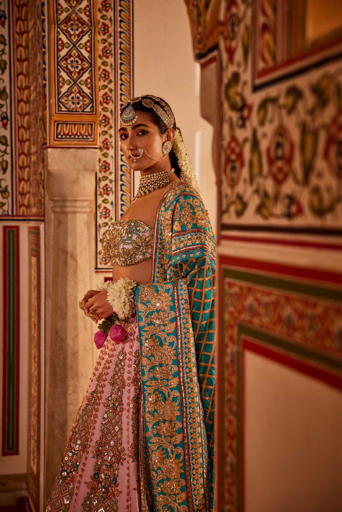 Light Pink And Blue Lehenga Set With Checked Print