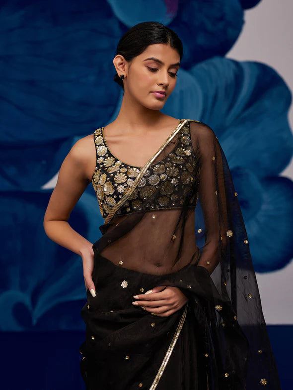 Nightflower Black Silk Organza Saree Set