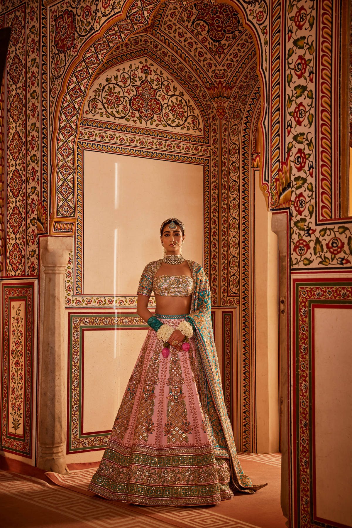 Light Pink And Blue Lehenga Set With Checked Print
