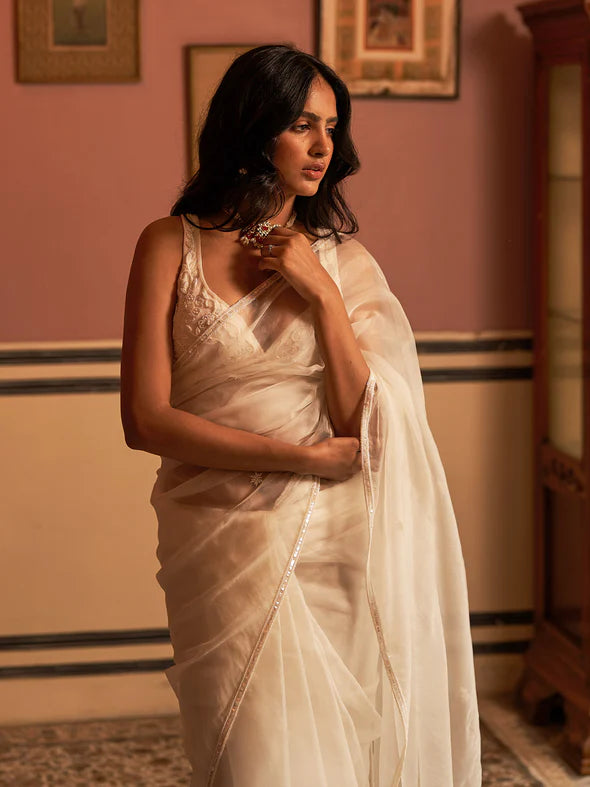 Crystal Off-White Silk Organza Saree Set