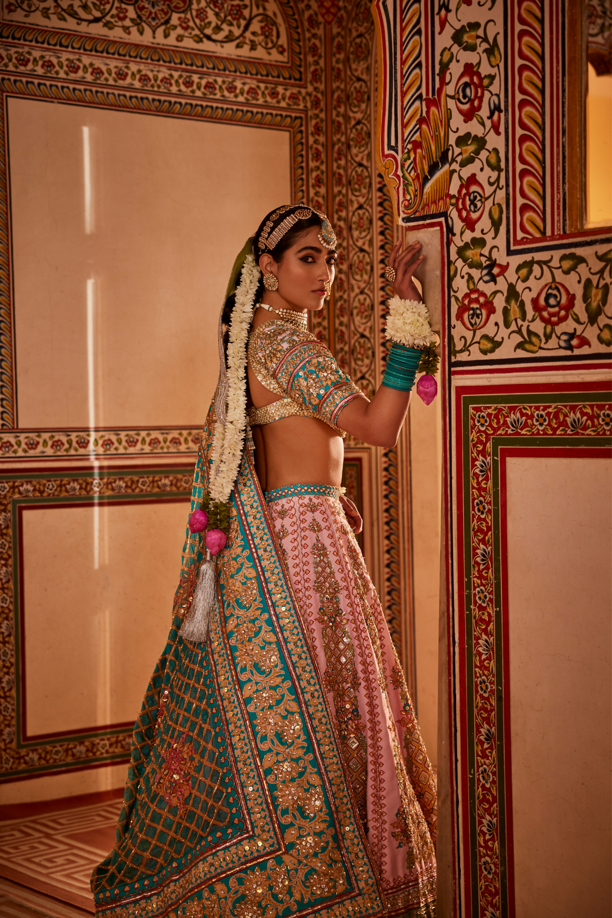 Light Pink And Blue Lehenga Set With Checked Print