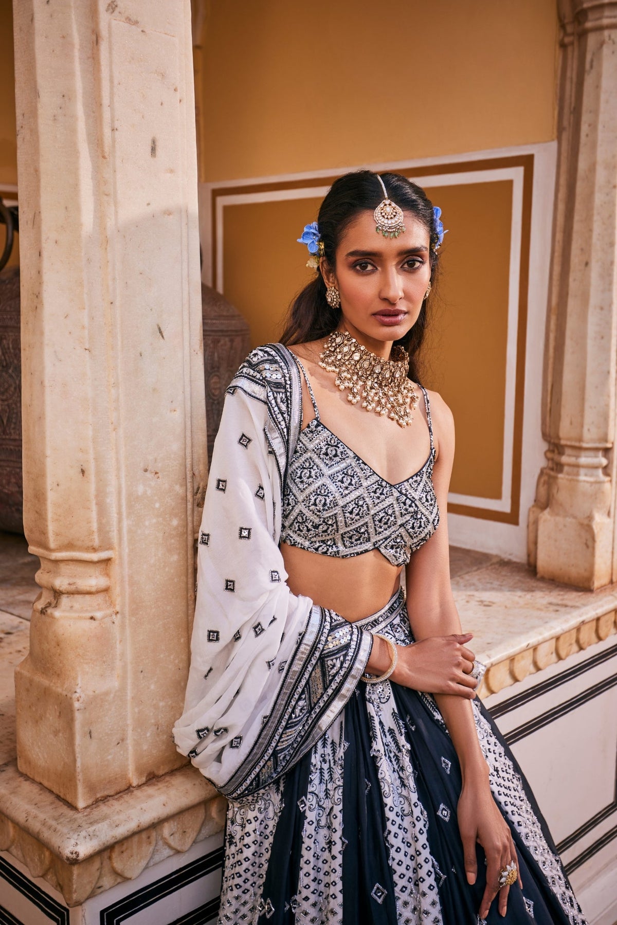 Black And White Lehenga Set With Alternating Panels