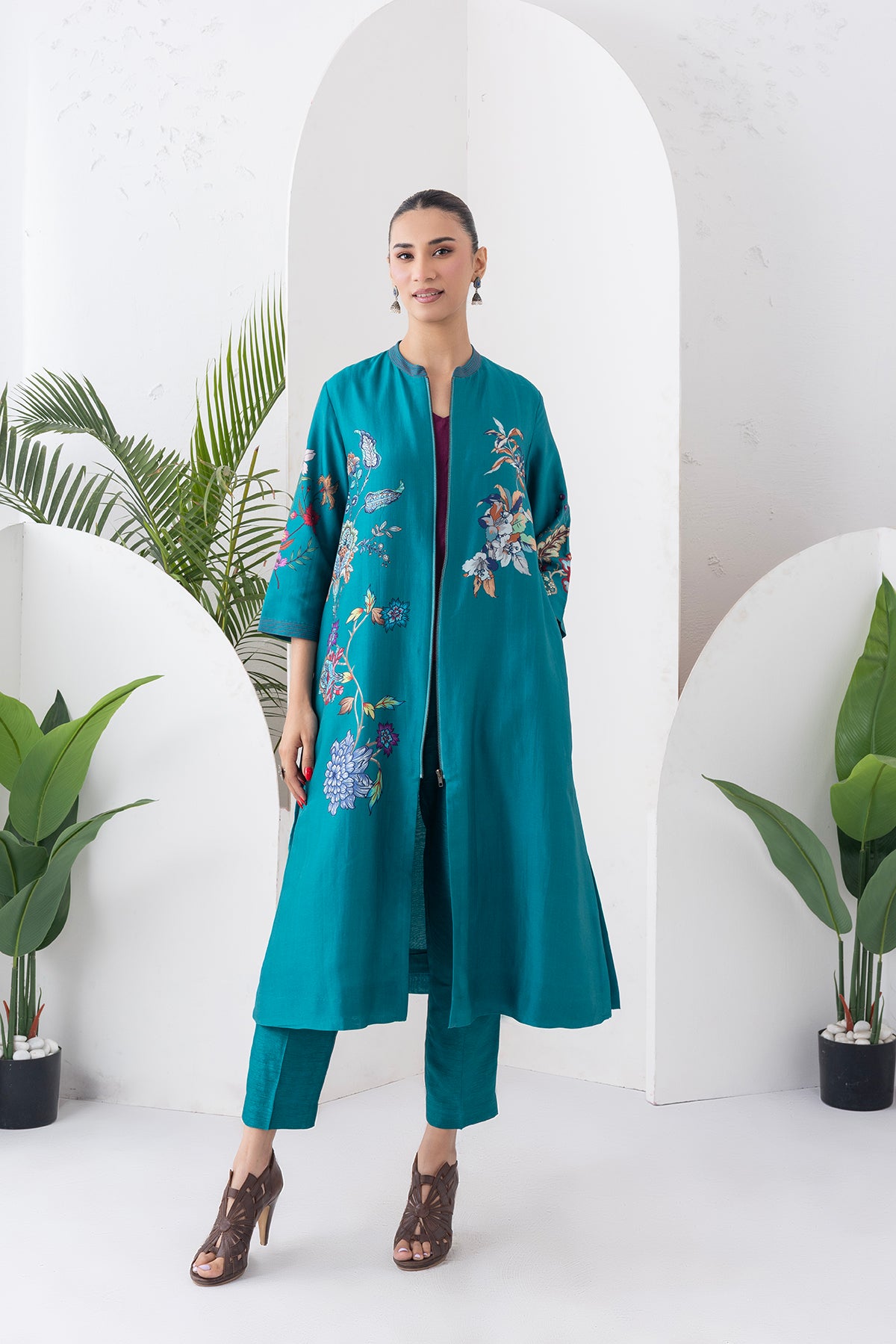 Emerald Silk Chanderi Floral Printed Front Open Dress (1 PC)