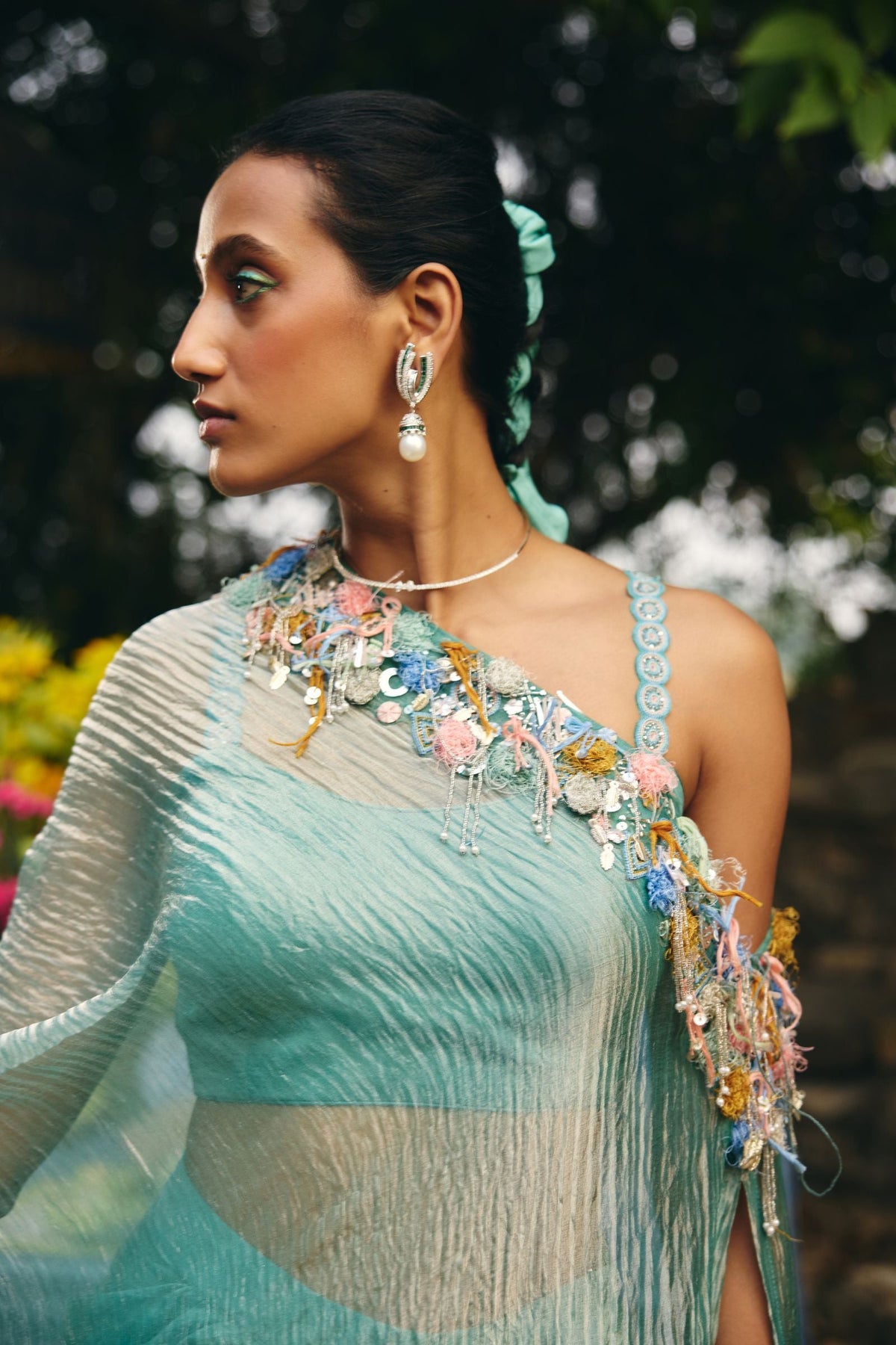 OFF SHOULDER CAPE PAIRED  DRAPED  SKIRT AND BLOUSE
