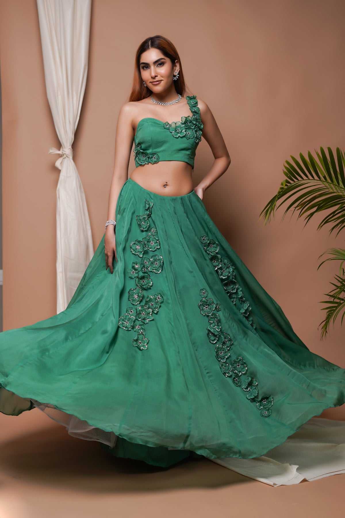 BRIGHT GREEN 3-D  ORGANZA INDO LEHENGA SET  (SET OF 2)
