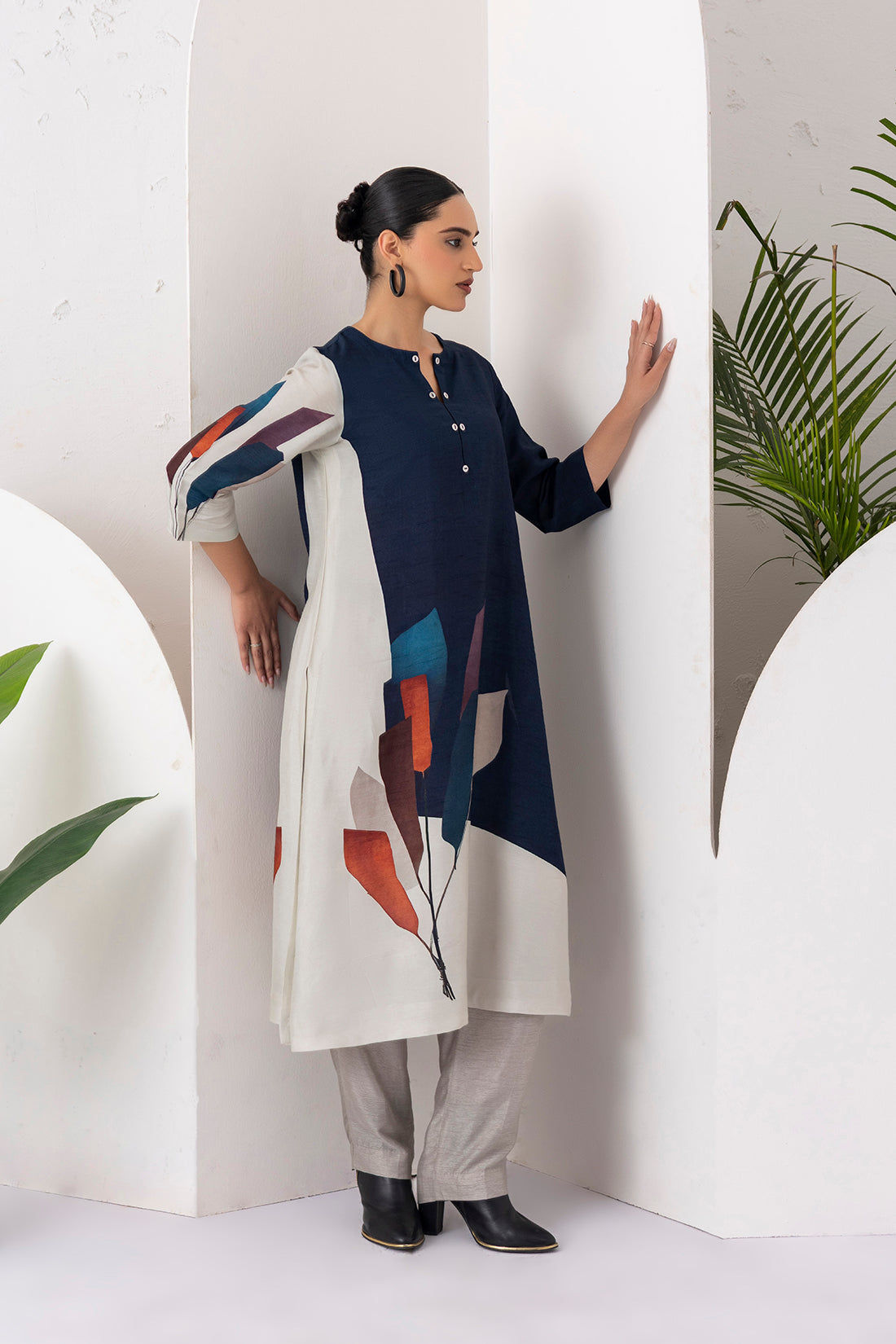 Blue & Ivory Viscose Dupion Printed Tunic  (1 PC)