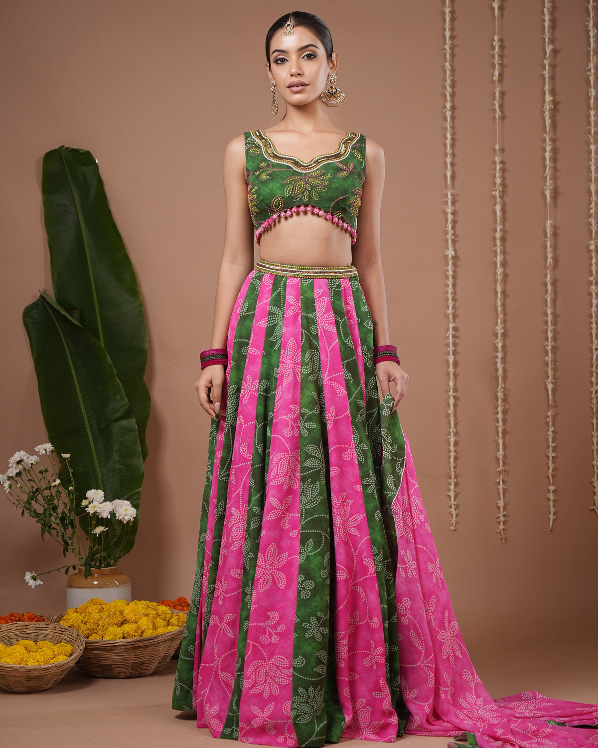 Green- Pink Bandhani Floral Printed Lehenga Set (Set of 3)