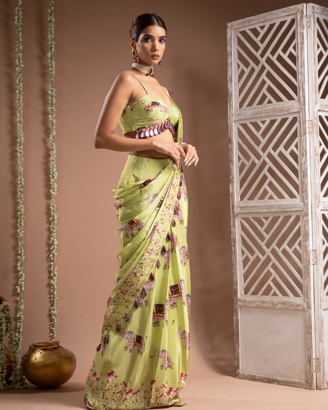 Elephant Print Green Purple Pre-Drape Saree (Set of 2)