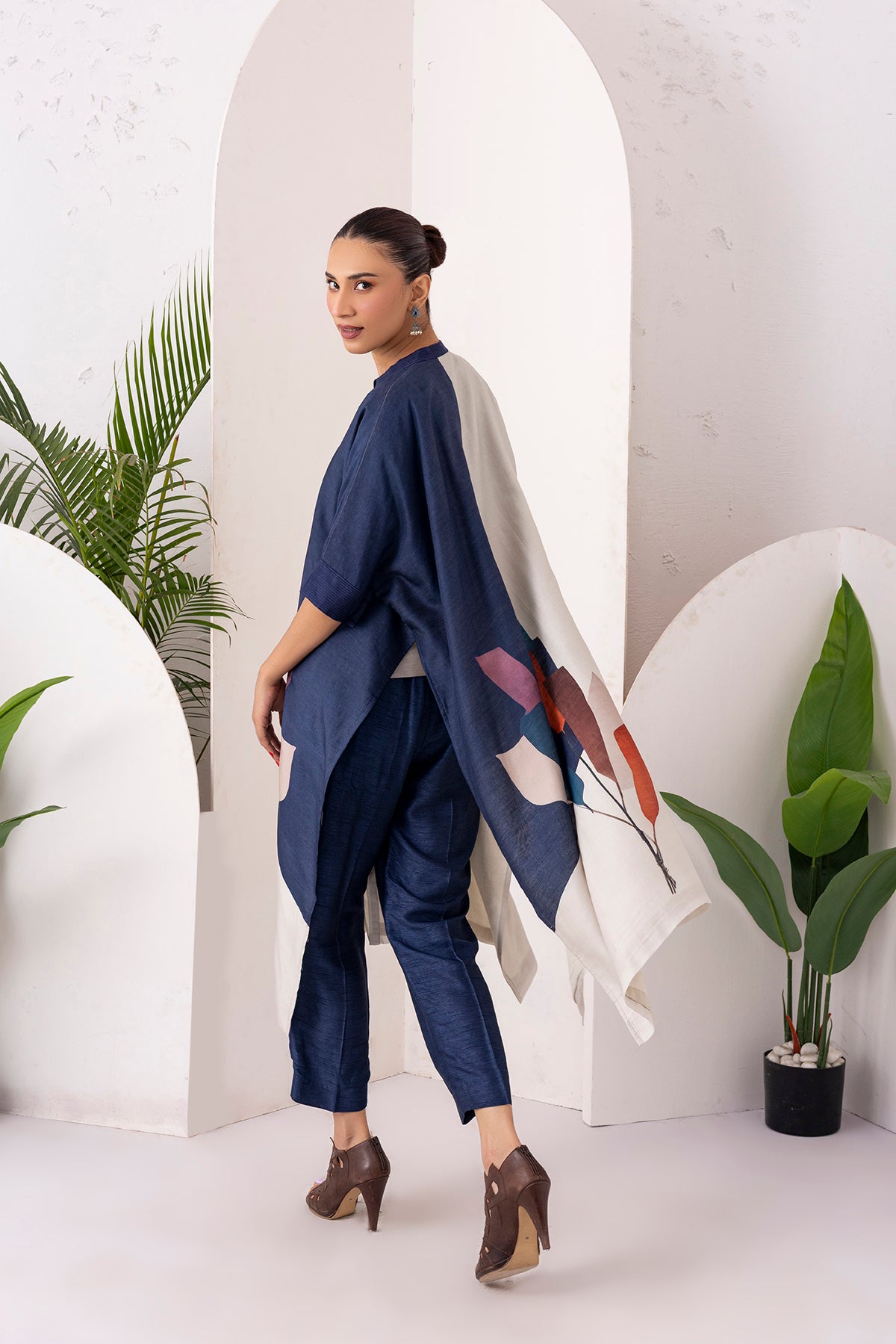 Blue & Ivory Silk Chanderi Printed Kaftan Style Dress (1 PC)