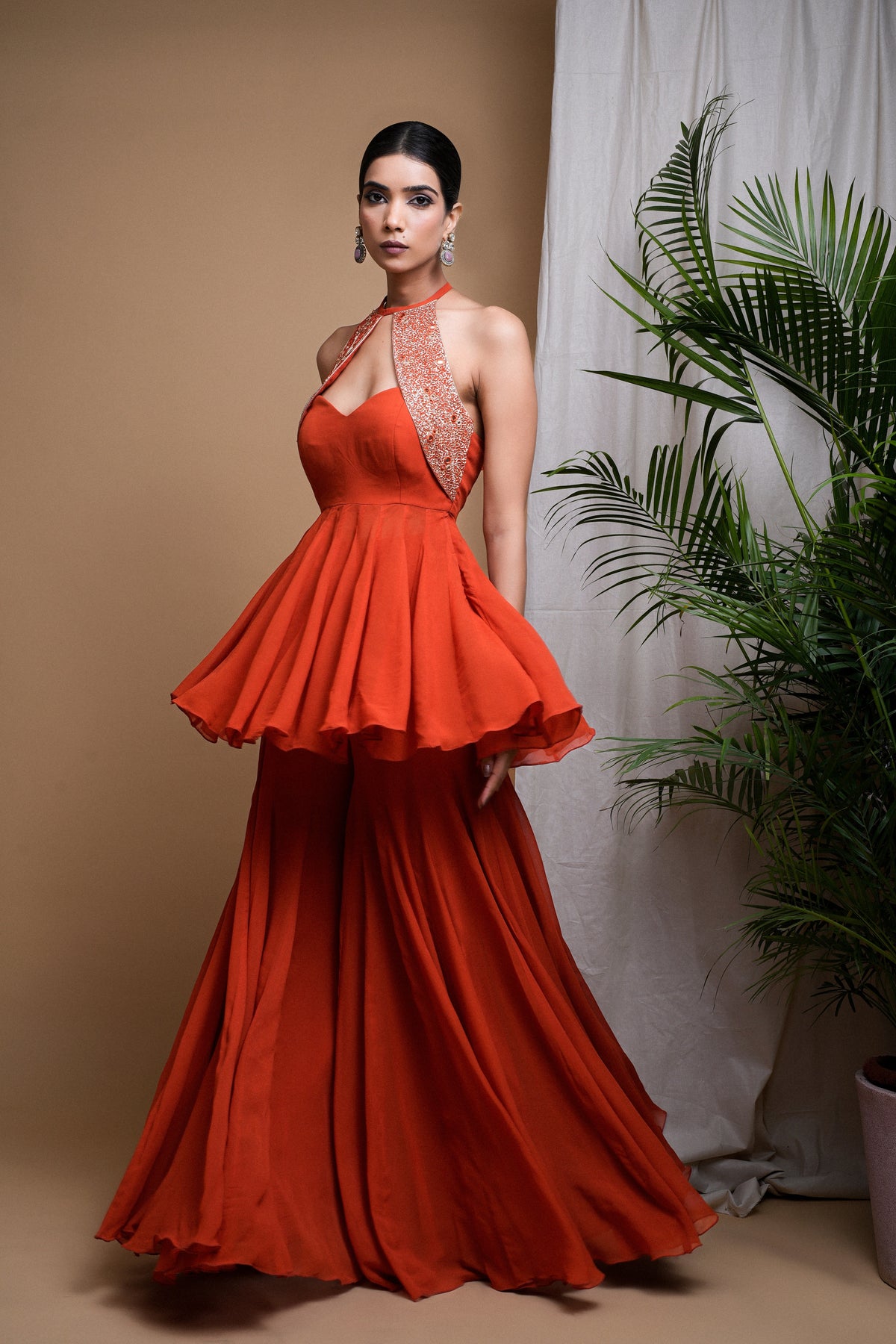 RUST ORANGE INDO ANARKALI SUIT SET  (SET OF 3)