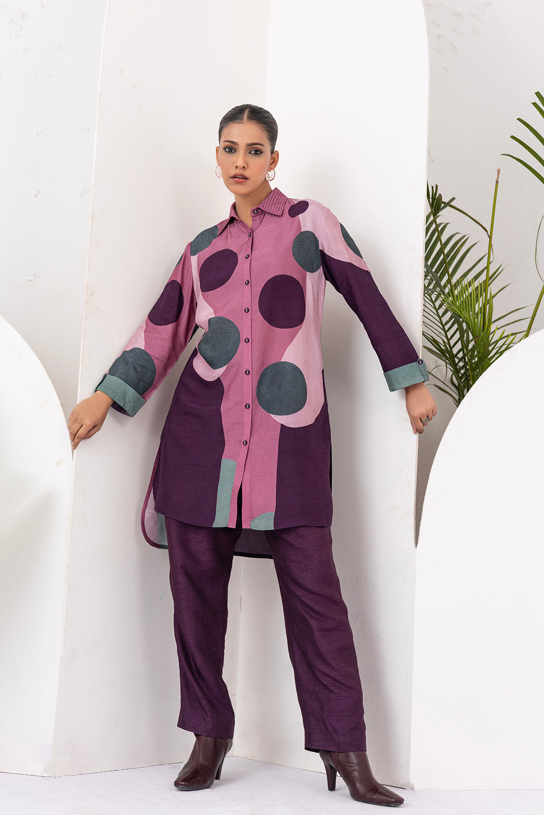 Salmon Pink & Wine Viscose Dupion Printed Shirt Style Tunic  (1 PC)