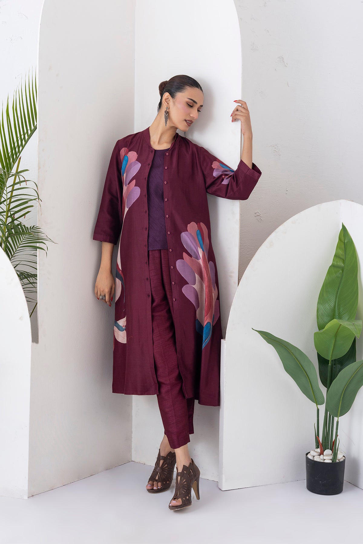 Chocolate Brown Silk Chanderi Printed Dress (1 PC)