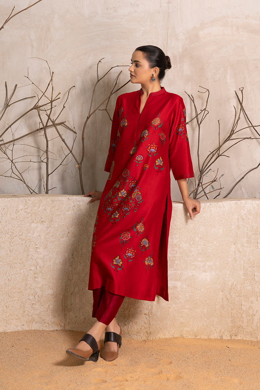 Bright Red Silk Chanderi Printed Tunic (1 PC)
