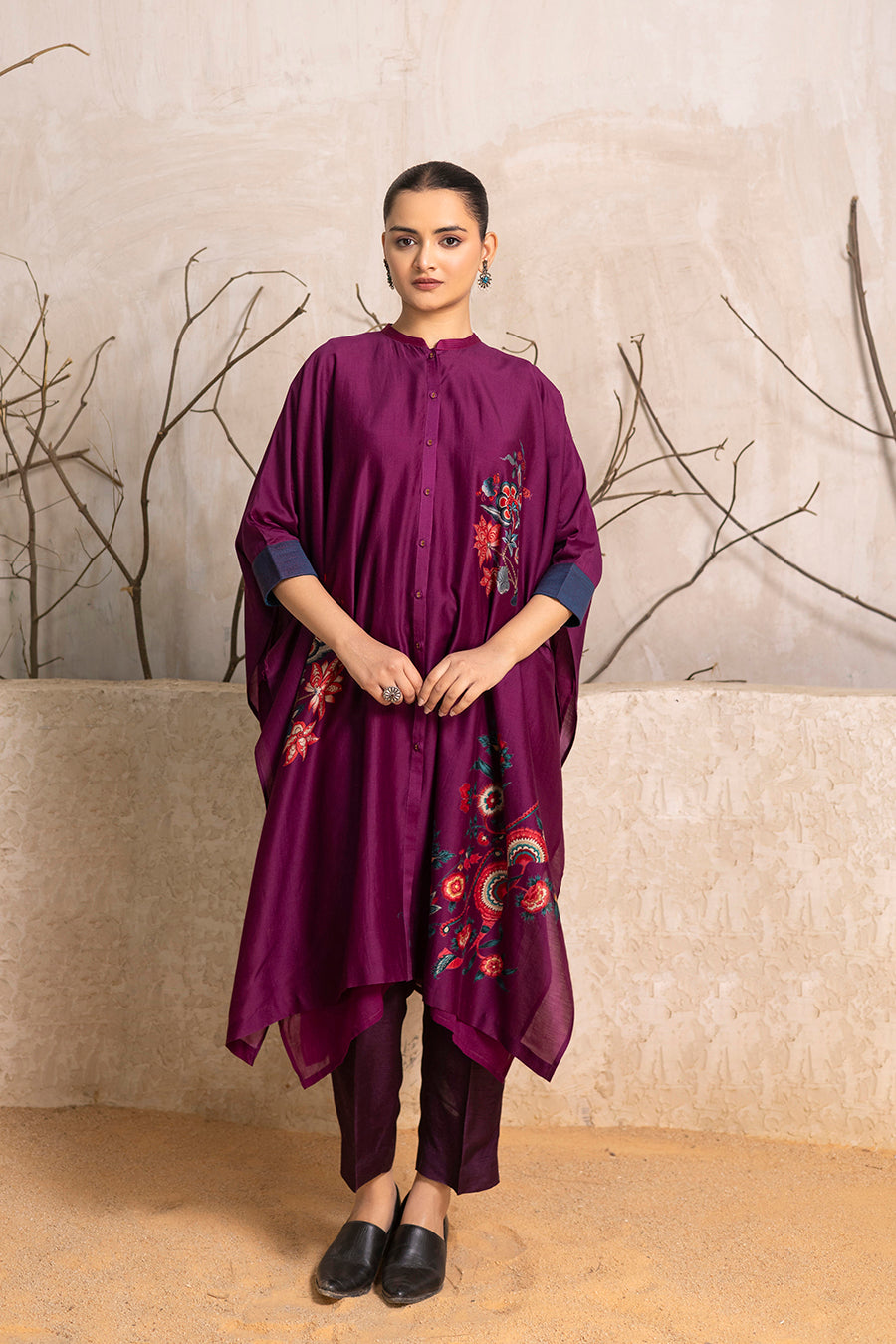 Wine Silk Chanderi Printed Kaftan Style Dress (1 PC)