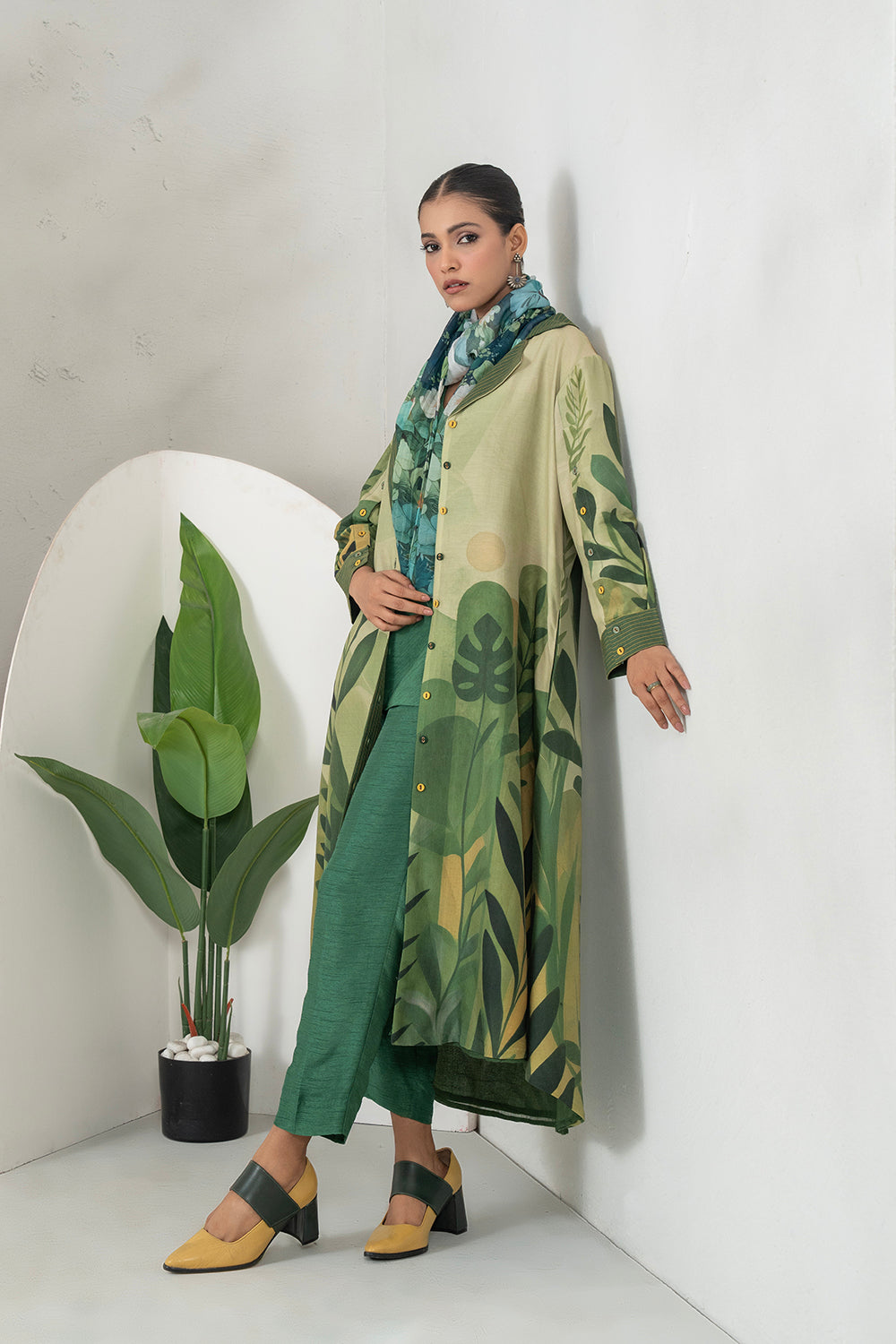 Shades Of Green Silk Chanderi Lush Jungle Printed Dress Set (3 PCS)