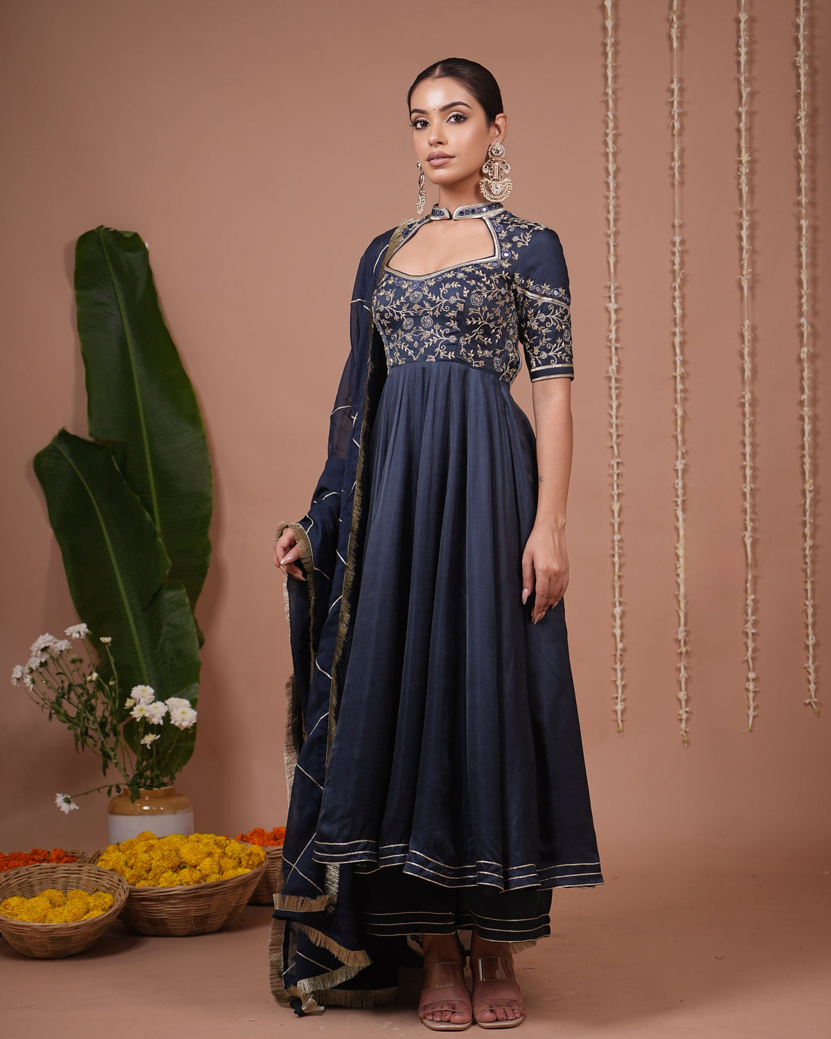 Navy Blue Silk Satin Heavy Anarkali Suit Set (Set of 3)