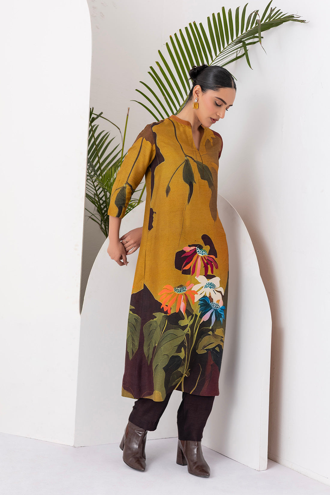 Mustard & Brown Viscose Dupion Printed Tunic  (1 PC)