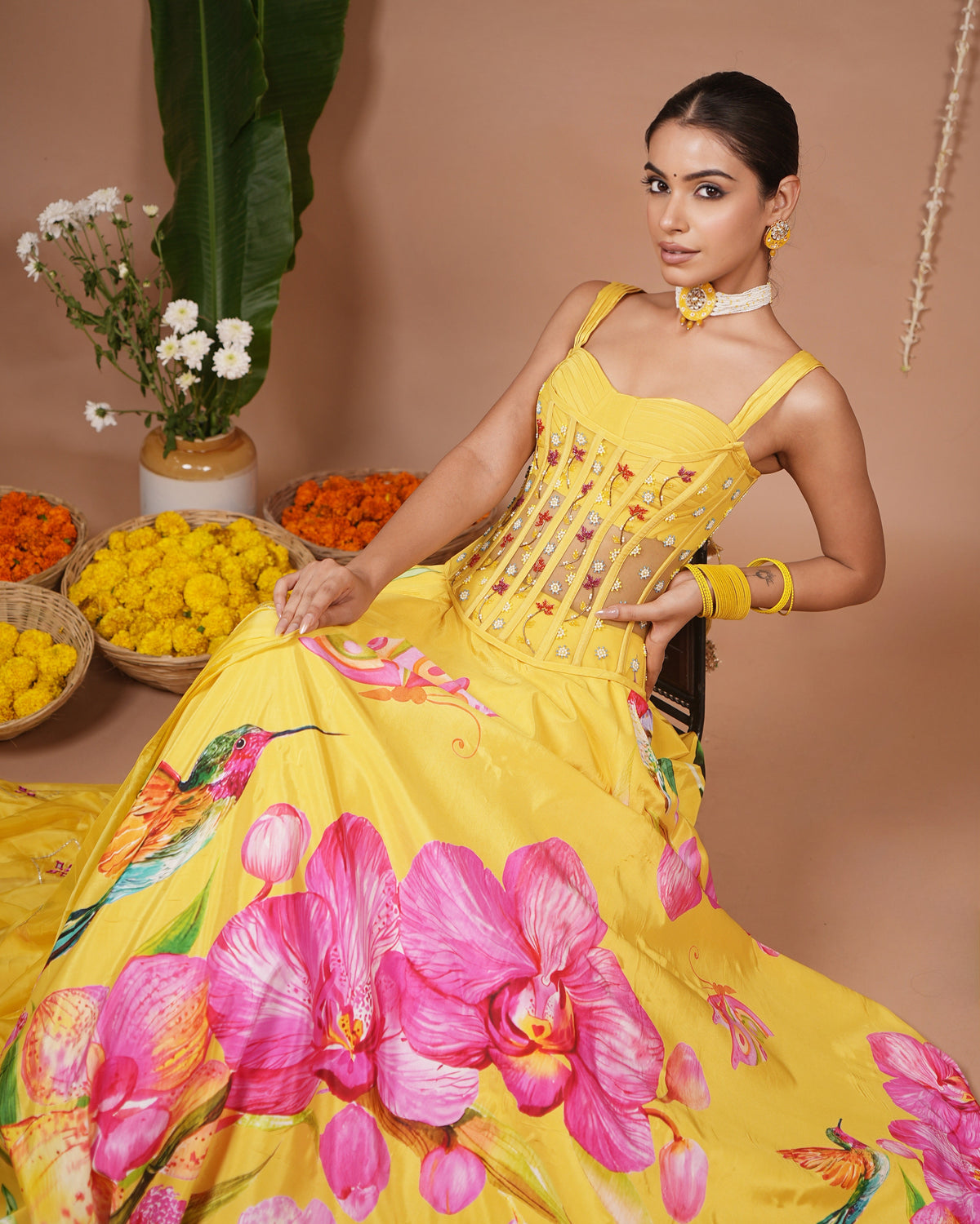Mustard Floral Printed Corset Heavy Lehenga Set (Set of 3)