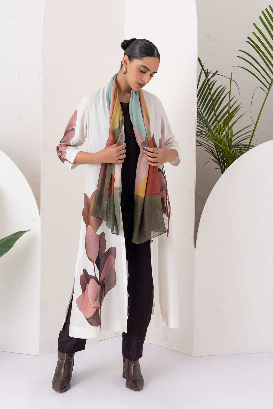 Ivory Viscose Dupion Leaf Printed Dress (1 PC)