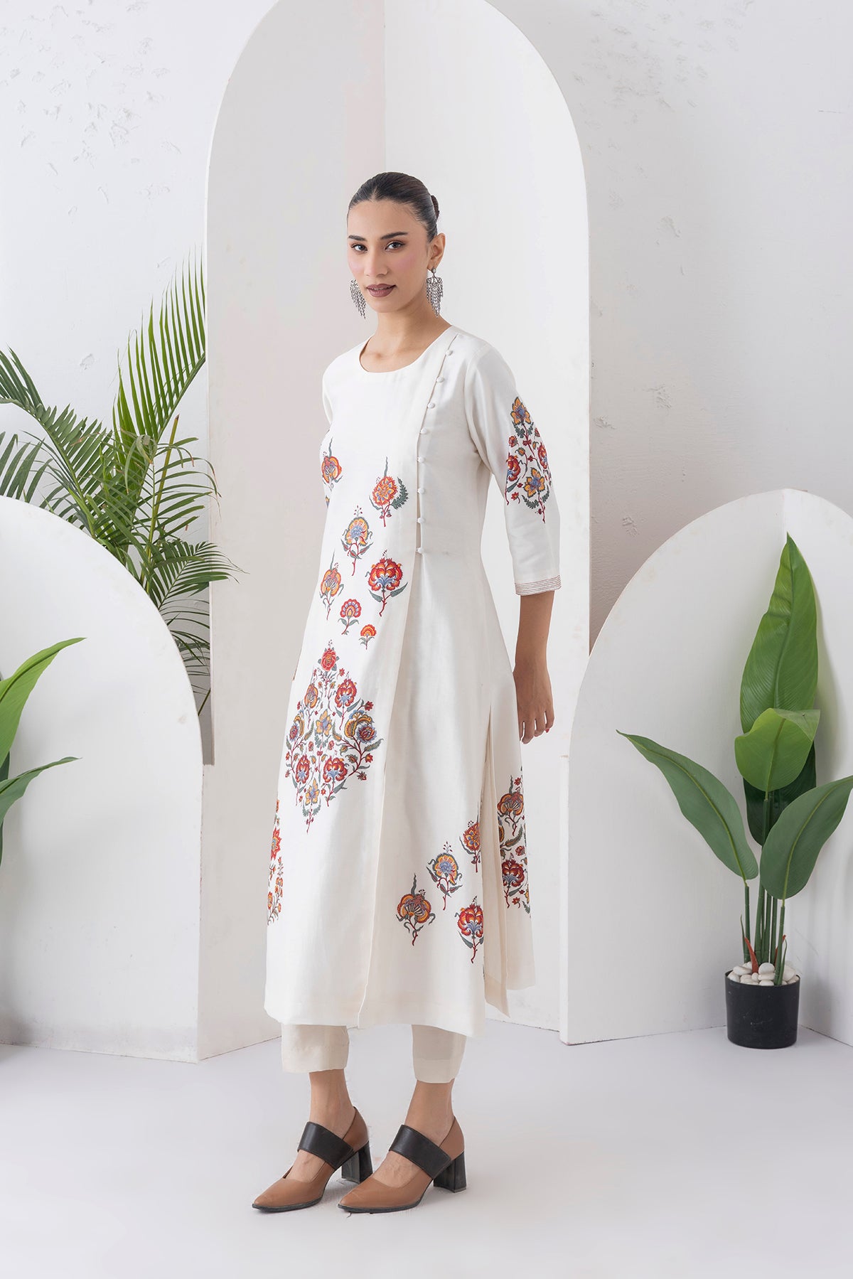 Ivory Silk Chanderi Printed Side Panel Dress (1 PC)