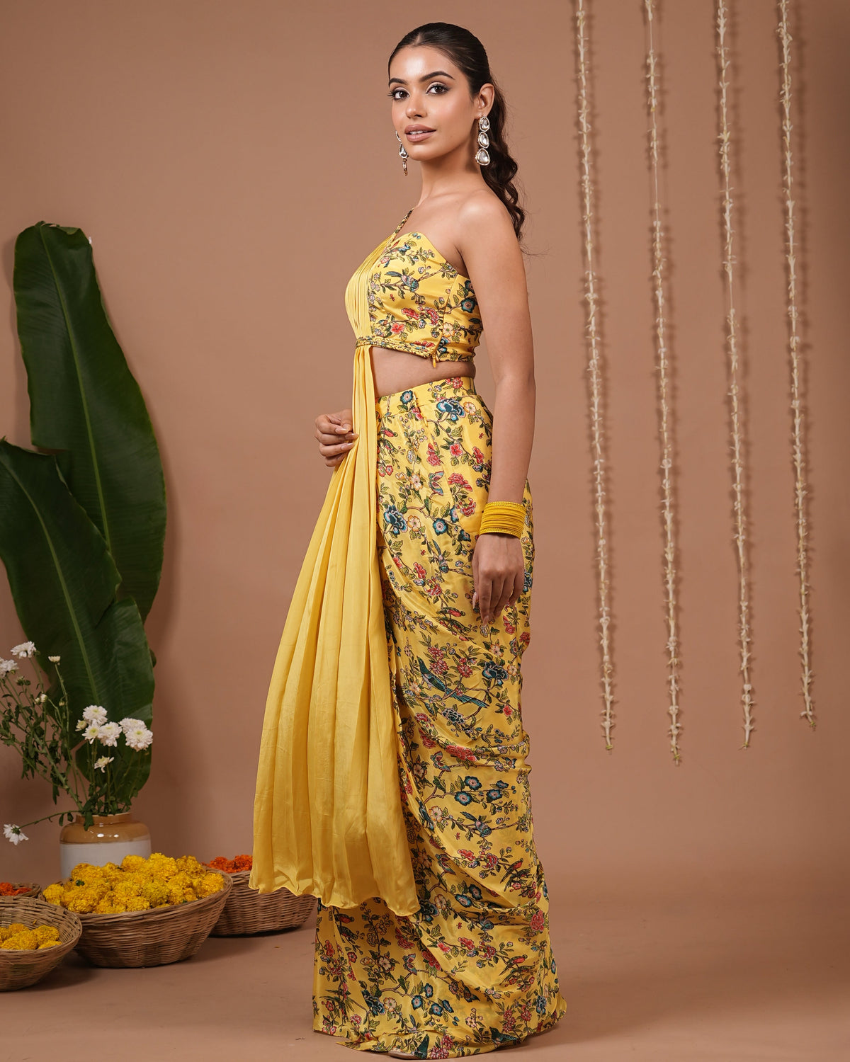 Yellow Printed Indo Saree (Set of 2)
