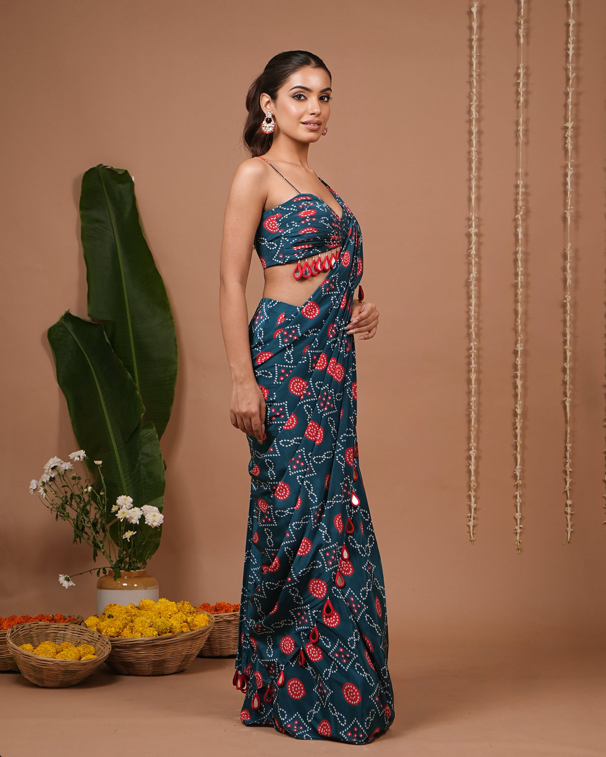 Teal Blue-Red Bandhej Printed Drape Saree (Set of 2)
