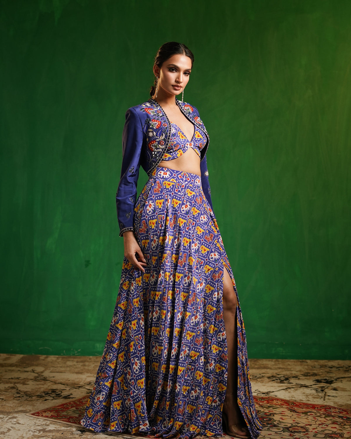 Blue Patola Printed Indo Lehenga  Set (Set of 3)