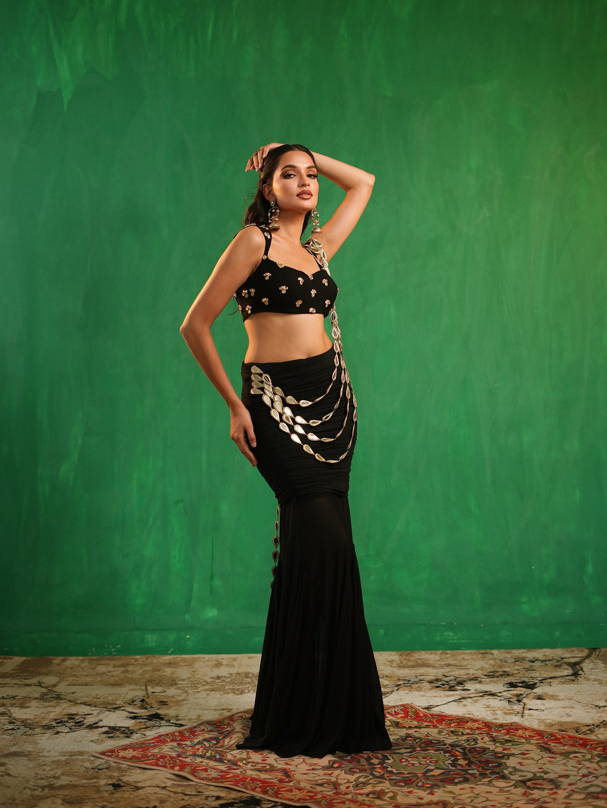Black Heavy Mirror Draped Indo Saree Set (Set of 2)