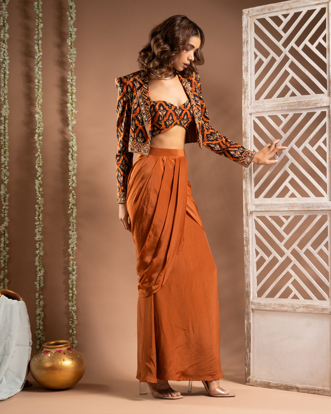 Black Rust Printed Drape And Coat Set (Set of 3)