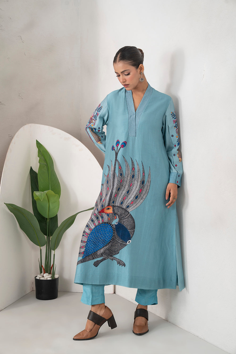 Sky Blue Silk Chanderi Striking Peacock Illustration Printed Tunic Set (2 PCS)