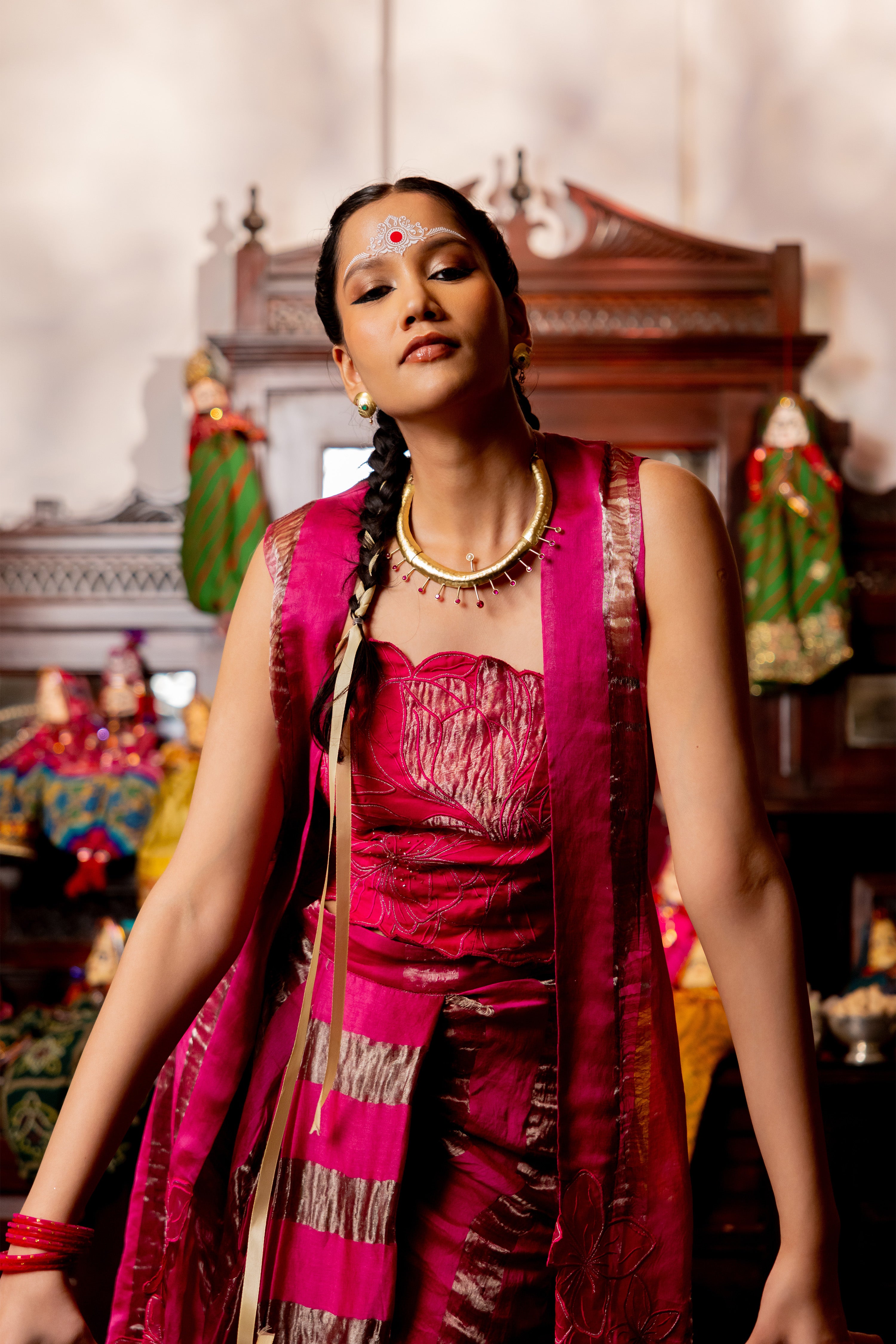 HOT PINK TUBE TOP , PLEATED SKIRT, OVERLAY (Velora)