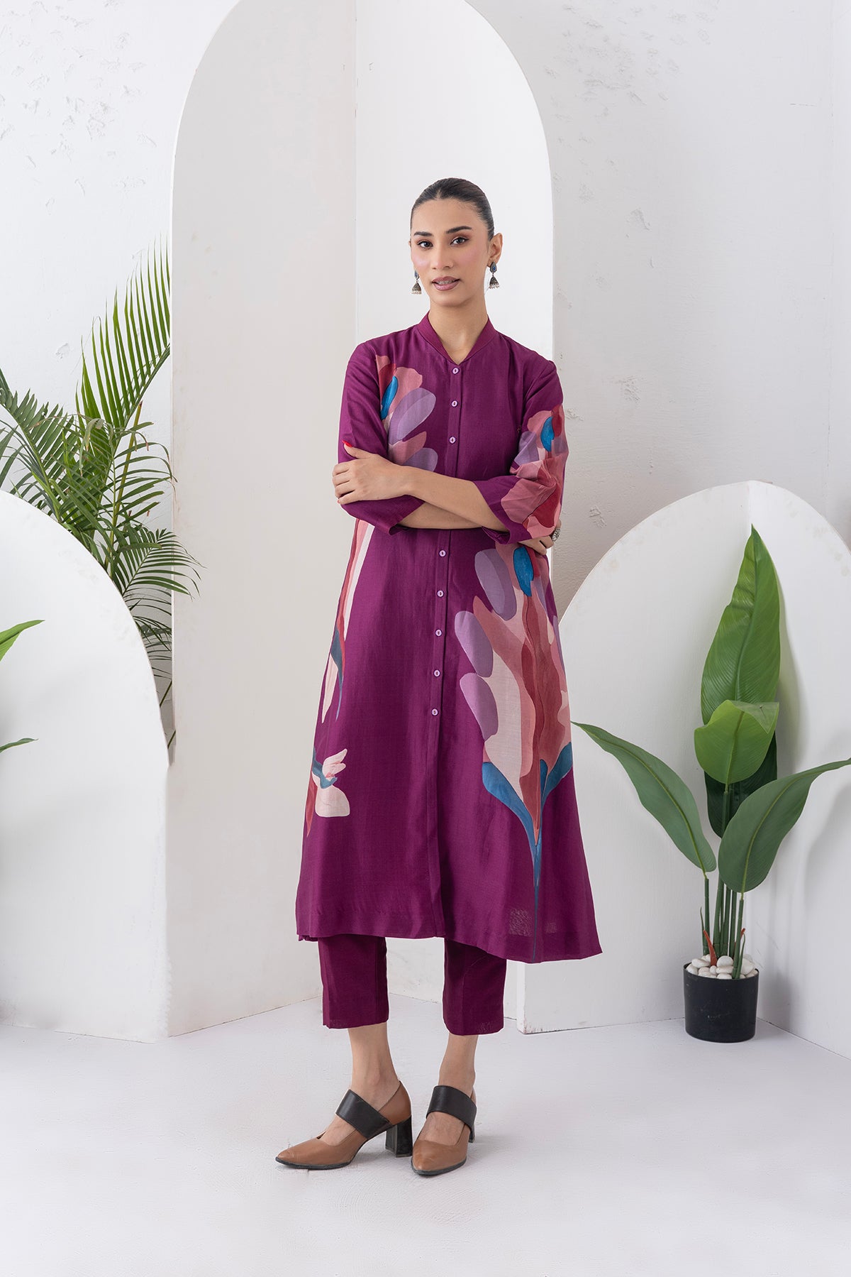Wine Silk Chanderi Printed Dress (1 PC)