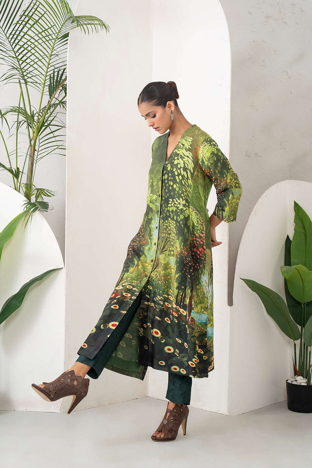 Shades Of Green Silk Chanderi Front Open Nature Inspired Printed Dress Set (2 PCS)