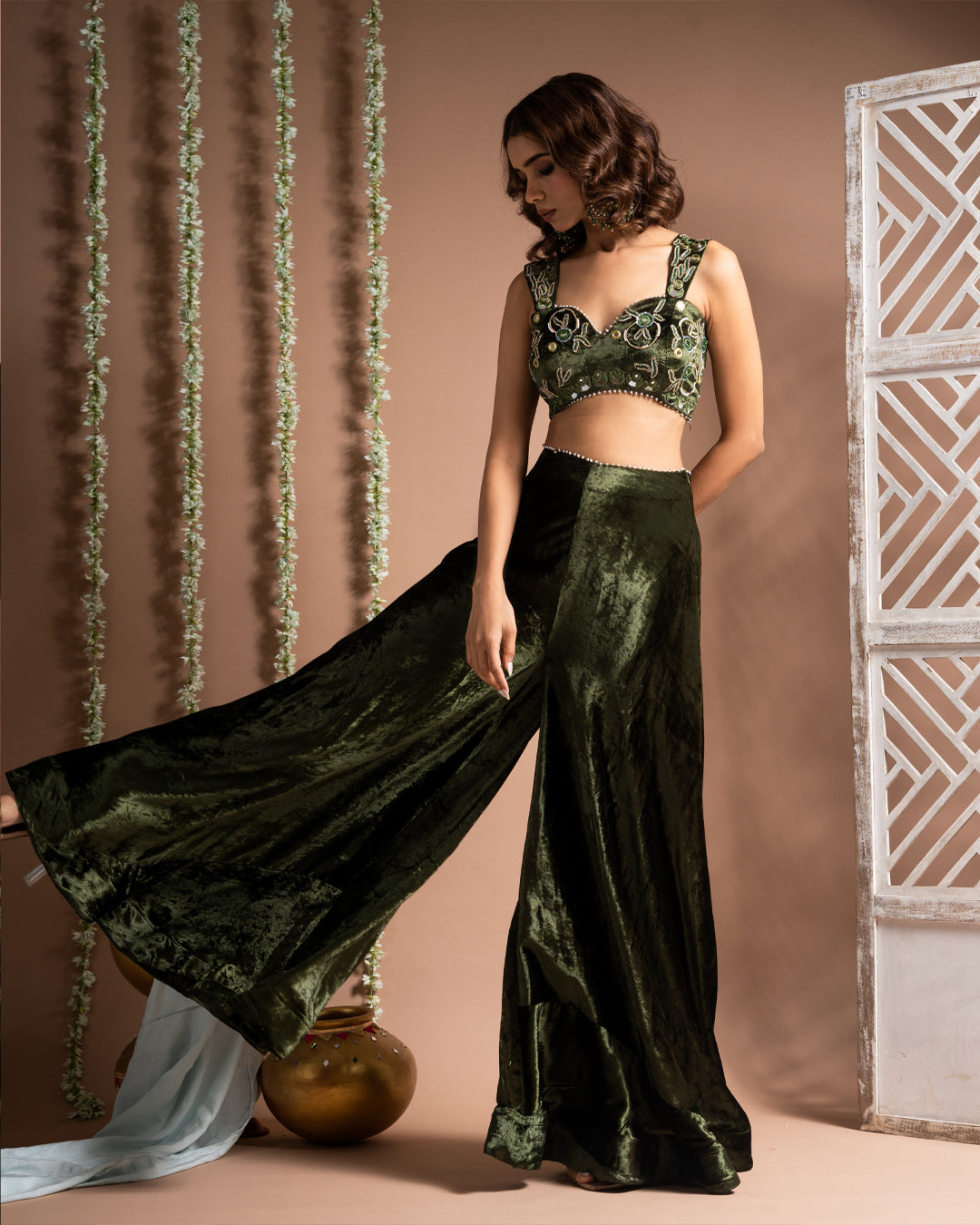 Green Velvet Indo Palazzo Set (Set of 2)