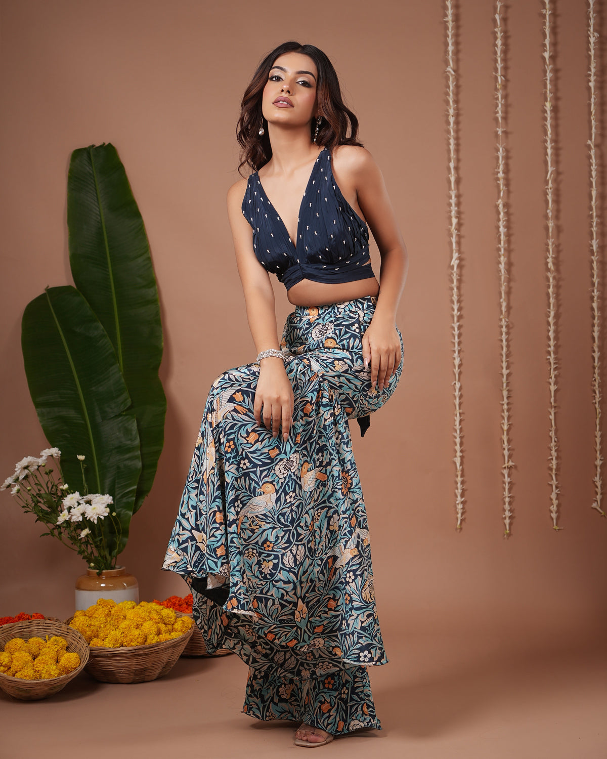 Navy Blue Digital Print Indo Sharara Set (Set of 3)