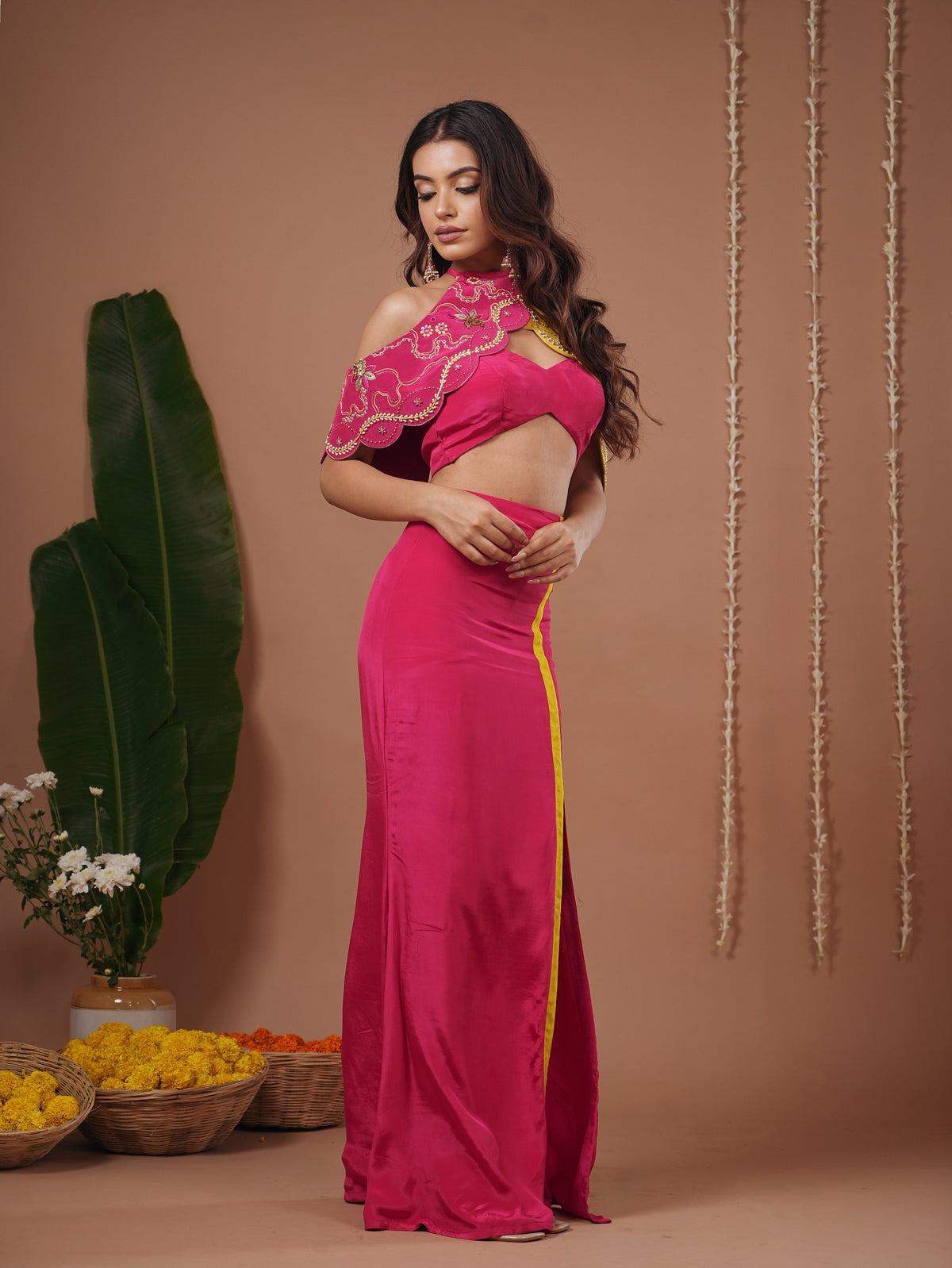Rani-Yellow Halter Neck Skirt Set (Set of 3)