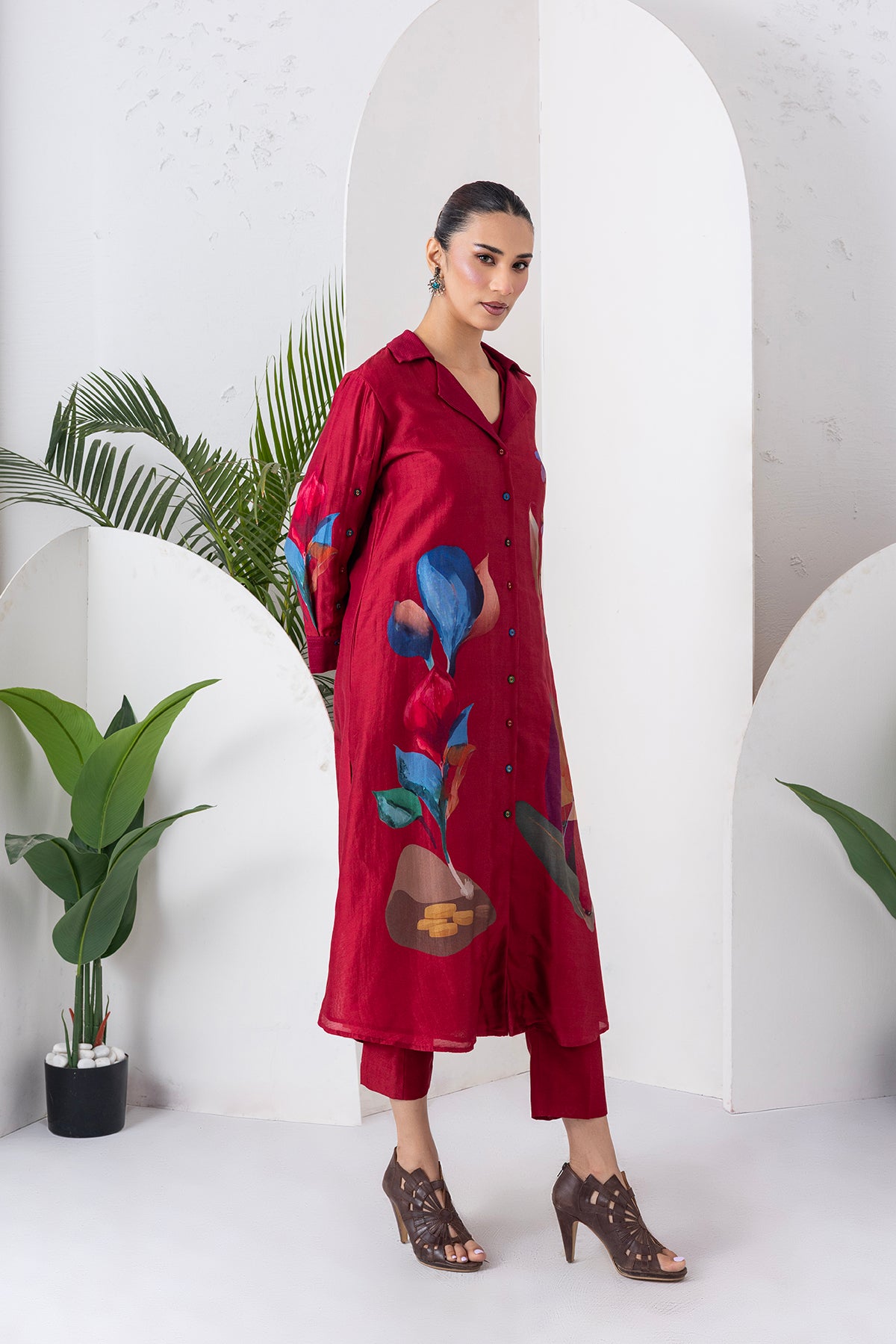 Red Viscose Dupion Printed Front Open Dress (1 PC)