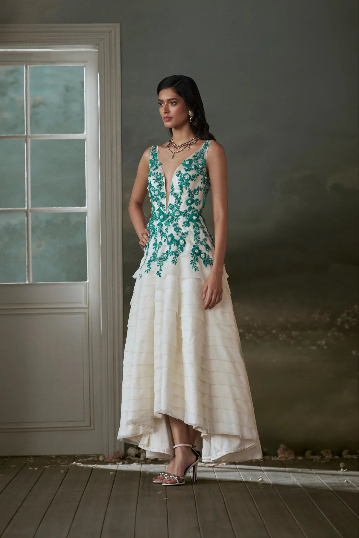 Ivory organza layered asymmetrical dress