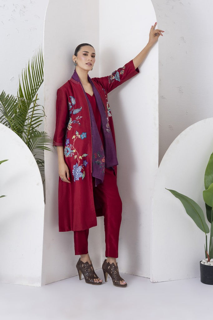 Maroon Silk Chanderi Floral Printed Front Open Dress (1 PC)