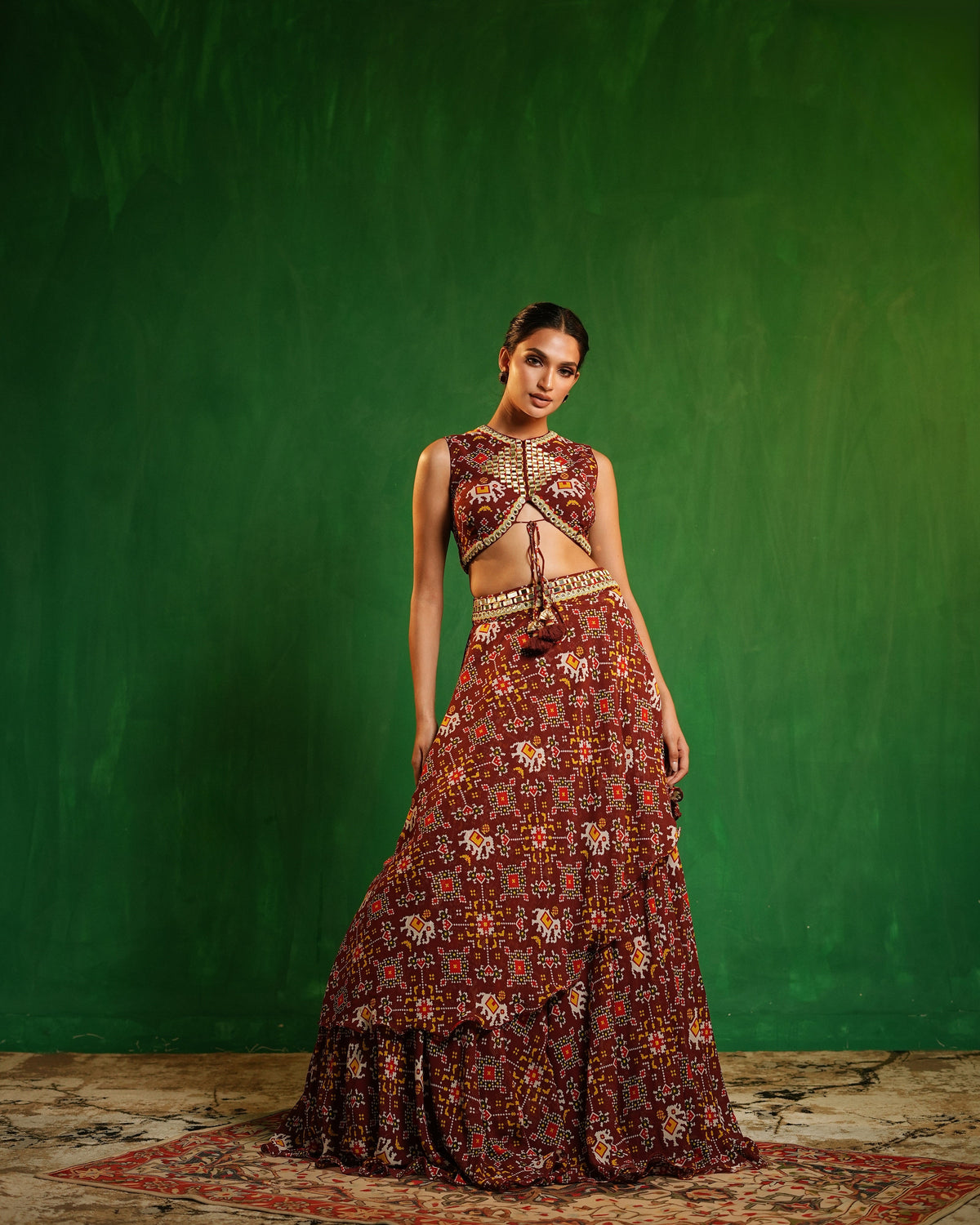Maroon Patola Printed Indo Lehenga Set (Set of 2)