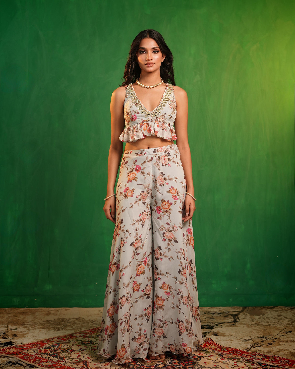 Sky Blue Floral Printed Backless Indo Set  (Set of 2)